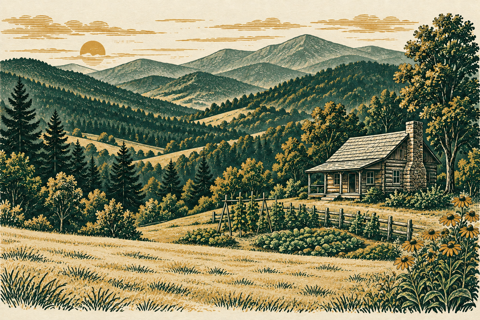Illustrated Appalachian landscape with wooded hills, a timber cabin, and a heritage garden